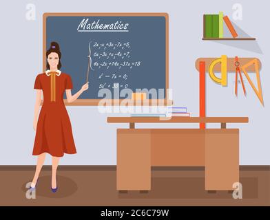 Schule Mathematik weibliche Lehrerin in Publikum Klasse Konzept. Schüler und Lehrer Wissenschaft und Bildung Wissen Vektor Illustration Stock Vektor