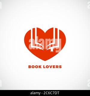 Book Lovers Abstraktes Vektorzeichen, Emblem oder Logo-Vorlage. Negativer Raum offenes Buch in einer Silhouette des Herzens. Stock Vektor