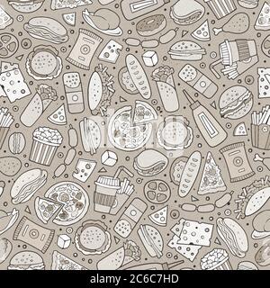 Cartoon niedlich Hand gezeichnet Fast Food nahtlose Muster. Stock Vektor