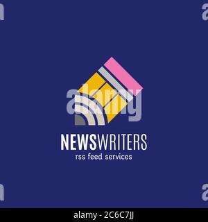 Nachrichten Writers RSS Feed Services Abstract Vektor-Zeichen, Emblem oder Logo-Vorlage. Kreatives Konzept auf blauem Hintergrund Stock Vektor