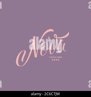 Nova Inschrift Abstraktes Vektorzeichen, Emblem oder Logo Vorlage. Hochwertige handgezeichnete Schriftzüge mit Star Silhouette. Rosa auf violettem Hintergrund Stock Vektor