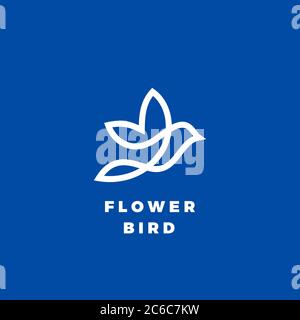 Blume Vogel abstrakten Vektor-Symbol, Etikett oder Logo-Vorlage. Linienstil Silhouette. Weiß auf blauem Hintergrund Stock Vektor