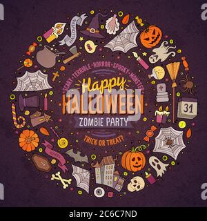 Runde Rahmen Halloween Cartoon-Objekte, Symbole und Artikel Stock Vektor