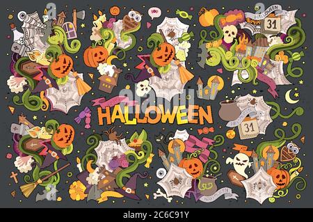 Bunte Vektor Hand gezeichnet Doodle Cartoon Satz von Objekten und Symbolen auf dem Halloween-Thema Stock Vektor