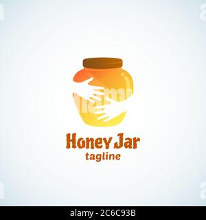 Honey Jar Abstract Vektor-Zeichen, Emblem oder Logo-Vorlage. Cute Pot in Händen Negative Space Konzept. Stock Vektor