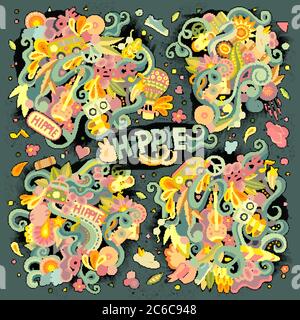 Bunte Set von Hippie-Kritzeleien Designs Stock Vektor
