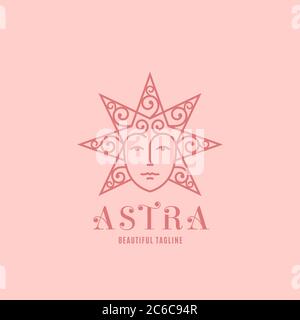 Astra Abstract Vektor-Zeichen, Emblem oder Logo-Vorlage. Star Silhouette als schöne Frau Gesicht mit Lockenhaar. Linienstil Symbol mit modern Stock Vektor