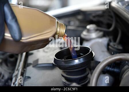 Öl in den Motor des Fahrzeugs einfüllen. Stockfoto