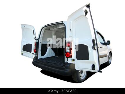 Lieferwagen öffnen. Leerer Van mit geöffneten Hintertüren. Stockfoto