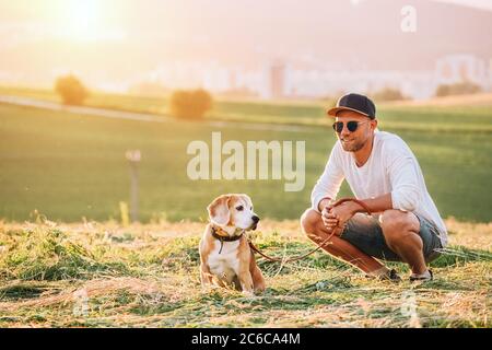 Männer mittleren Alters gekleidet hellweißen Pullover und Jeans Shorts Spaziergang mit seinem Beagle Hund während Sonnenuntergang Abendzeit. Sie sitzen auf dem gerade mähen g Stockfoto