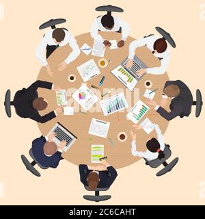 Corporate Business Management Teamwork Meeting und Brainstorming Konzept mit Menschen auf dem runden Tisch in Top-Sicht