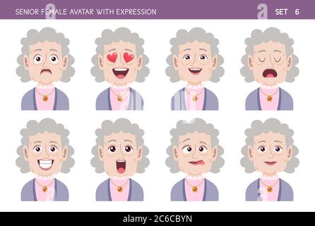 Alte Frau Gesichtsemotion Set. Ältere weibliche Cartoon-Stil Charakter mit verschiedenen Ausdrücken. Teil 6 von 6. Stock Vektor