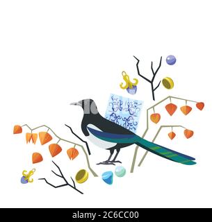 Niedliche Originalillustration mit Elster, majolischen Elementen, Physalis und Schmuck. Vektorgrafik. Stock Vektor
