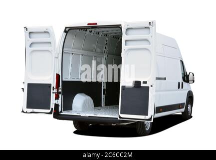 Lieferwagen öffnen. Leerer Van mit geöffneten Hintertüren. Stockfoto