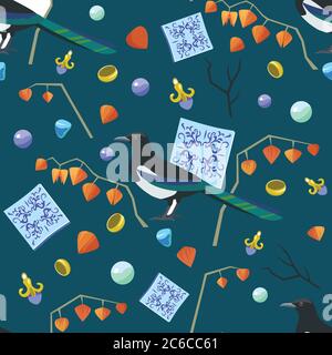 Niedliches originales Nahtloses Muster mit Elster, Majolic-Elementen und Schmuck. Vektorgrafik. Stock Vektor