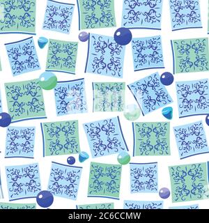 Nahtloses Vektor-Muster mit majolischen Kachelelementen und Glaskugeln. Stock Vektor