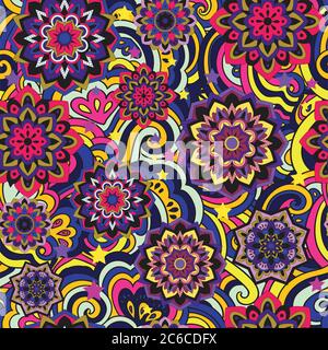 Farbenfrohe Nahtmuster mit Pflanzen und floralen Elementen. Heller psychedelischer Hintergrund. Vektorgrafik. Stock Vektor