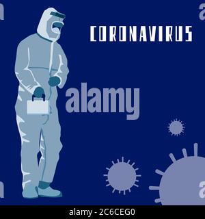 Coronavirus-Text auf marineblauer Kulisse mit Kopierraum. Mann in Chemikalienschutzanzug für soziale Banner, medizinische Poster, soziale Netzwerk Warnung oder ich Stock Vektor