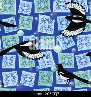 Niedliches originales Nahtloses Muster mit Elster, Majolic-Elementen und Schmuck. Vektorgrafik. Stock Vektor