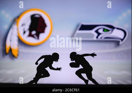 Washington Redskins gegen Seattle Seahawks. NFL Match Poster. Zwei amerikanische Fußballspieler Silhouette gegenüberliegende einander auf dem Feld. Clubs Logo in Bac Stockfoto