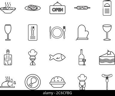 Ein Stück Kuchen und Restaurant Symbol auf weißem Hintergrund, Linienstil, Vektor-Illustration gesetzt Stock Vektor