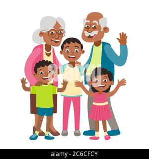 Großeltern, Enkel und zwei Enkel Porträt. Happy Großeltern Tag Konzept. Vektor-Illustration im Cartoon-Stil, isoliert auf weißem Hintergrund Stock Vektor
