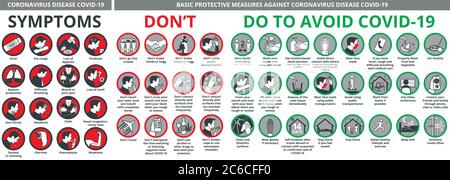 Coronavirus Krankheit COVID-19 Symptome und grundlegende Schutzmaßnahmen COVID-19 Stock Vektor