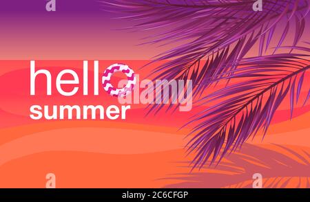 Tropischer Sommer Sonnenuntergang Urlaub Hintergrund Vektor. Hallo Sommer! Palmenblätter am Strand mit dem Meer, Sonnenuntergang. Stock Vektor