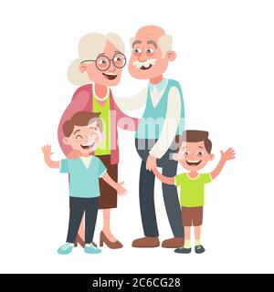 Großeltern und zwei Enkelkinder Porträt. Happy Großeltern Tag Konzept. Vektorgrafik im Cartoon-Stil, isoliert auf weißem Hintergrund. Stock Vektor
