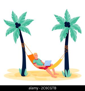 Junger Mann mit Laptop in Hängematte am tropischen Strand. Vektor flach Cartoon Figur Illustration. Freiberuflicher Mitarbeiter, isoliert auf weißem Hintergrund. Busin Stock Vektor