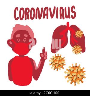 Coronavirus Text und Mann in Maske auf weißem isolierten Hintergrund. Lungen und gelbes ncov Virus Symbol für medizinisches Poster, Aufkleber Set, Social Banner oder Info c Stock Vektor