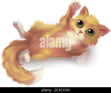 Ginger weiß Kätzchen in Vektor 3d realistisch, isoliert auf weißem Hintergrund. Flauschiger Katzencharakter. Stock Vektor