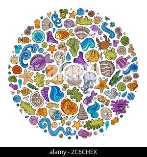 Set von Sealife Cartoon Doodle Objekte, Symbole und Elemente Stock Vektor