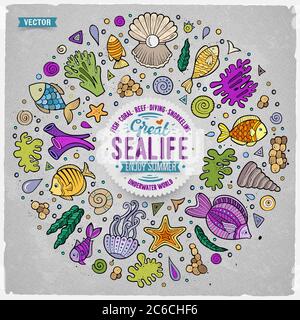 Set von Sealife Cartoon Doodle Objekte, Symbole und Elemente Stock Vektor