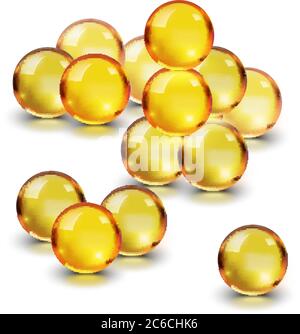 Ölgold Glaskugel isoliert in Vektor auf weißem Hintergrund. Kosmetische Pille Kapsel von Vitamin E, A, Arganöl, Mandel, Kabeljau Leber, Omega-3, Fisch. Stock Vektor