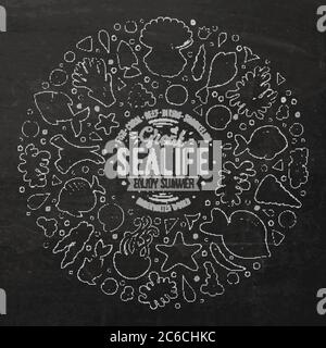 Set von Sealife Cartoon Doodle Objekte, Symbole und Elemente Stock Vektor