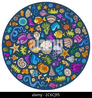 Set von Sealife Cartoon Doodle Objekte, Symbole und Elemente Stock Vektor