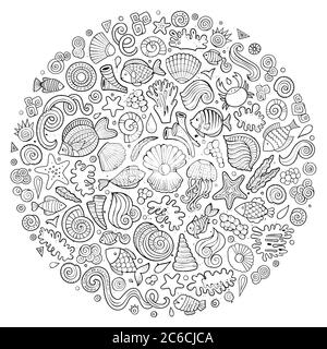 Set von Sealife Cartoon Doodle Objekte, Symbole und Elemente Stock Vektor