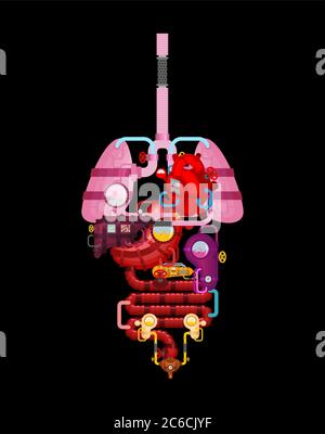 Metall menschliche Anatomie Organe. Künstliches Organ. Zukunft der Kybernetik. Robotersysteme des menschlichen Körpers. Roboter interne Organe. Eisen Cyborg Speiseröhre Organe sy Stock Vektor