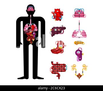 Metall menschliche Anatomie Organe. Künstliches Organ. Zukunft der Kybernetik. Robotersysteme des menschlichen Körpers. Roboter interne Organe. Eisen Cyborg Speiseröhre Organe sy Stock Vektor