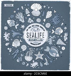 Set von Sealife Cartoon Doodle Objekte, Symbole und Elemente Stock Vektor