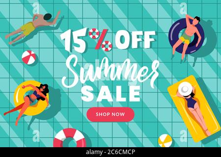 Sommer Verkauf Banner Design Vorlage. Menschen schwimmen im Schwimmbad, Draufsicht Vektor flach Cartoon Illustration. Poster mit Saisonrabatt. Handgezogener Kalb Stock Vektor
