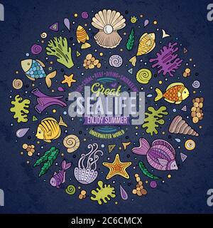 Set von Sealife Cartoon Doodle Objekte, Symbole und Elemente Stock Vektor