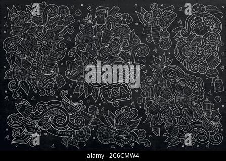 Tafel Doodle Cartoon Satz von Tee-Objekte Stock Vektor