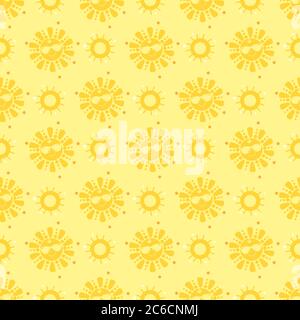 Nahtloses Muster. Eine niedliche gelbe Sonne in Sonnenbrillen lächelt. Gelber Hintergrund. Vektor. Design, Dekor, Verpackung, Druck, Tapete, Textilien Stock Vektor