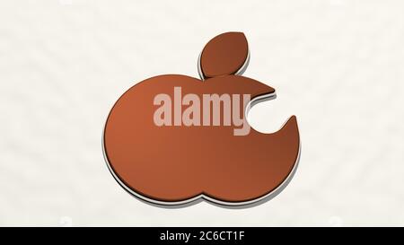 APFELFRUCHT MIT BISS aus einer Perspektive an der Wand. Eine dicke Skulptur aus metallischen Materialien von 3D-Rendering. Hintergrund und Illustration Stockfoto