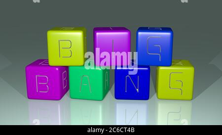 Big Bang angeordnet durch kubische Buchstaben auf einem Spiegelboden, ideal für Konzept Bedeutung und Präsentationen. Hintergrund und Illustration. 3D-Illustration Stockfoto