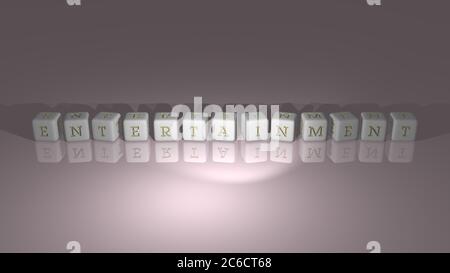 Alphabetische Unterhaltung nach kubischen Buchstaben auf einem Spiegelboden, Konzept Bedeutung und Präsentation in 3D-Perspektive. Illustration und Hintergrund Stockfoto