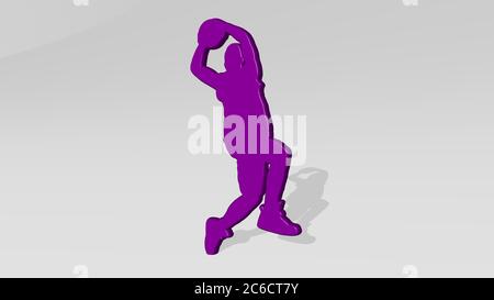 Basketball von 3D-Illustration einer glänzenden Metallic-Skulptur mit dem Schatten auf hellem Hintergrund. Wettbewerb und Sport Stockfoto