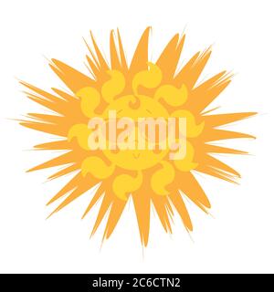 Cute Sun. Style die Sonne in Sonnenbrillen. Gelb-orange Sonne mit einem Lächeln und Brille. Symbol Vektorgrafik. Isoliert auf weißem Hintergrund. Stock Vektor